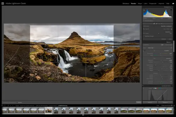 Interfaz de Adobe Lightroom Classic para recortar muchas imágenes a la vez, mostrando el paisaje de Kirkjufell en Islandia.
