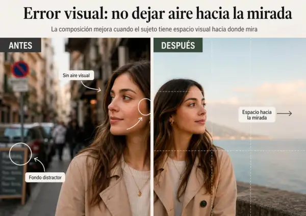 Comparativa de cómo **encuadrar fotos** para mejorar la composición. Izquierda: sin espacio visual, fondo distractor. Derecha: con espacio hacia la mirada.