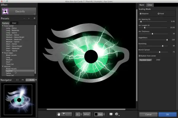 Interfaz de Photoshop con el plugin "Electrify" creando un efecto de ojo con rayos, similar a plugins photoshop gratis.