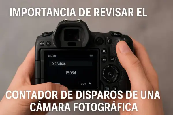 Manos sostienen una cámara digital, mostrando la pantalla con el contador de disparos en 15034. Es importante revisar los disparos de tu cámara.