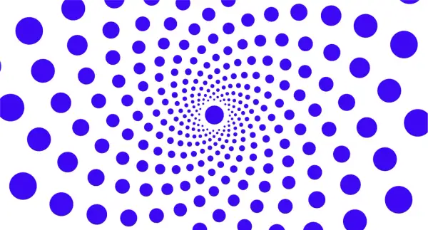 Círculos azules dispuestos en espiral, un ejemplo visual de la ley de semejanza, creando un efecto hipnótico.